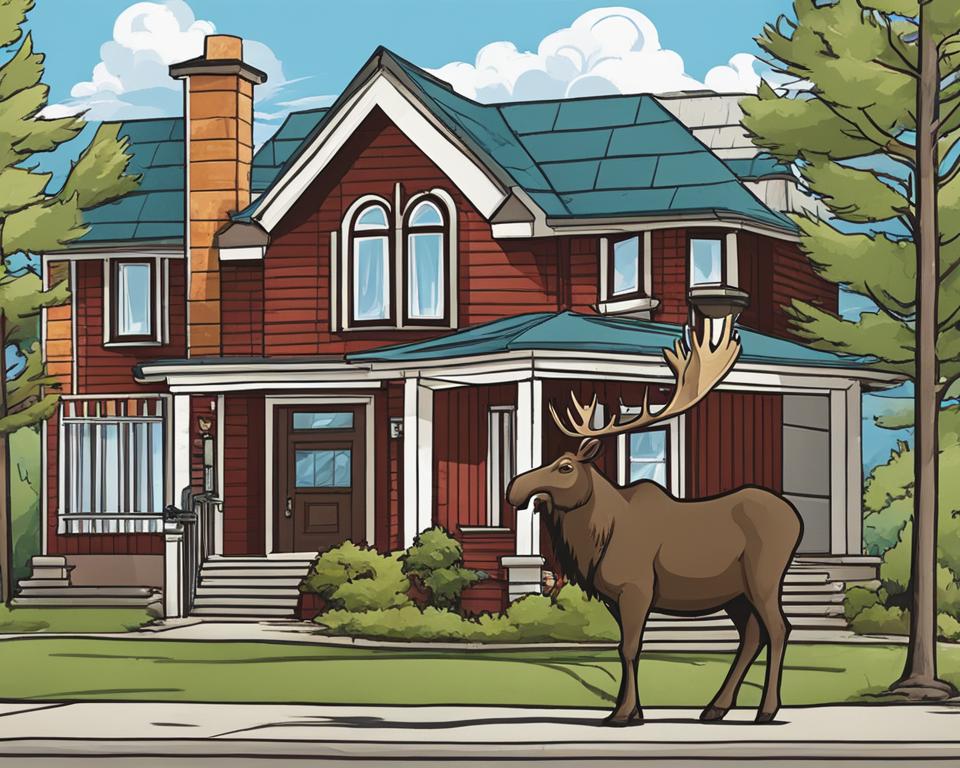 A majestic moose standing in front of a row of well-maintained properties, symbolizing the reliability and strength of Moose Jaw's property management team.