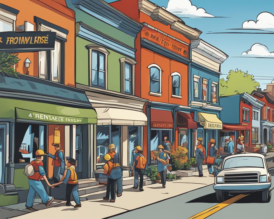 a bustling street in Prince Albert with multiple rental properties displayed. Highlight the benefits of working with rental companies through an image of happy tenants moving in