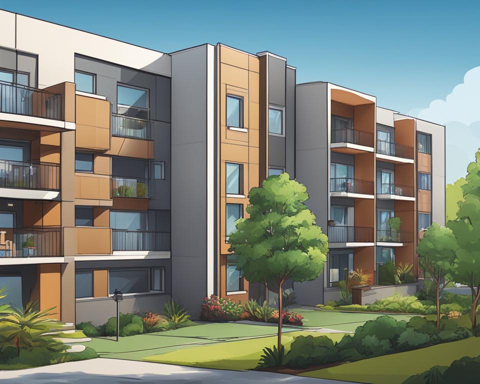  image of a modern apartment building with a well-maintained exterior, surrounded by landscaped gardens and trees. The building should have a professional and inviting appearance to attract potential tenants