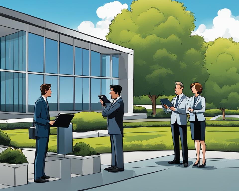 A group of professionals in suits standing confidently in front of a modern, upscale building surrounded by well-maintained landscaping and trees