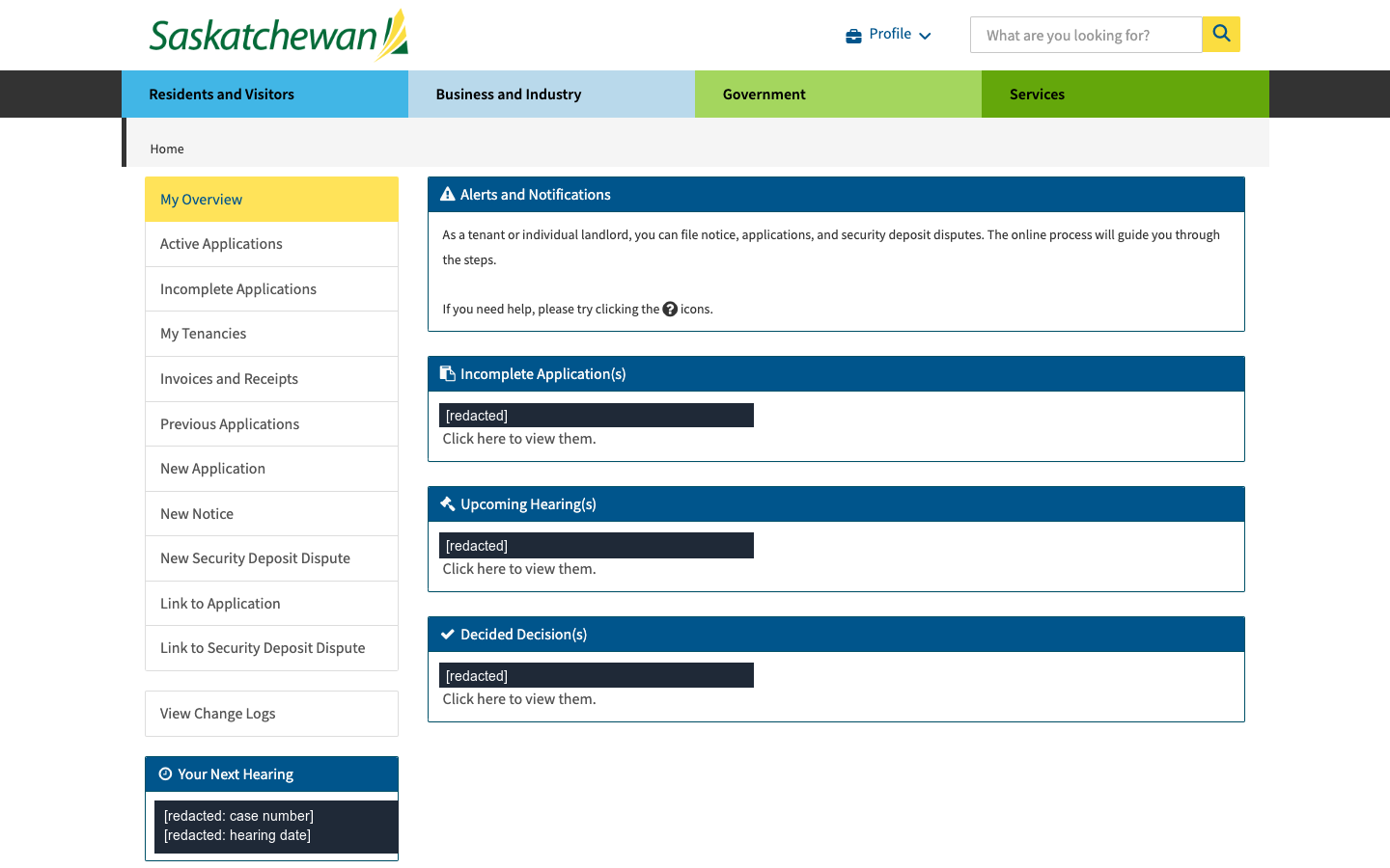 The Office of Residential Tenancies online portal, with our account details redacted
